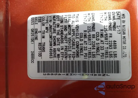 2017 Nissan Rogue Sv из США, поврежденный, VIN JN8AT2MT2HW145663